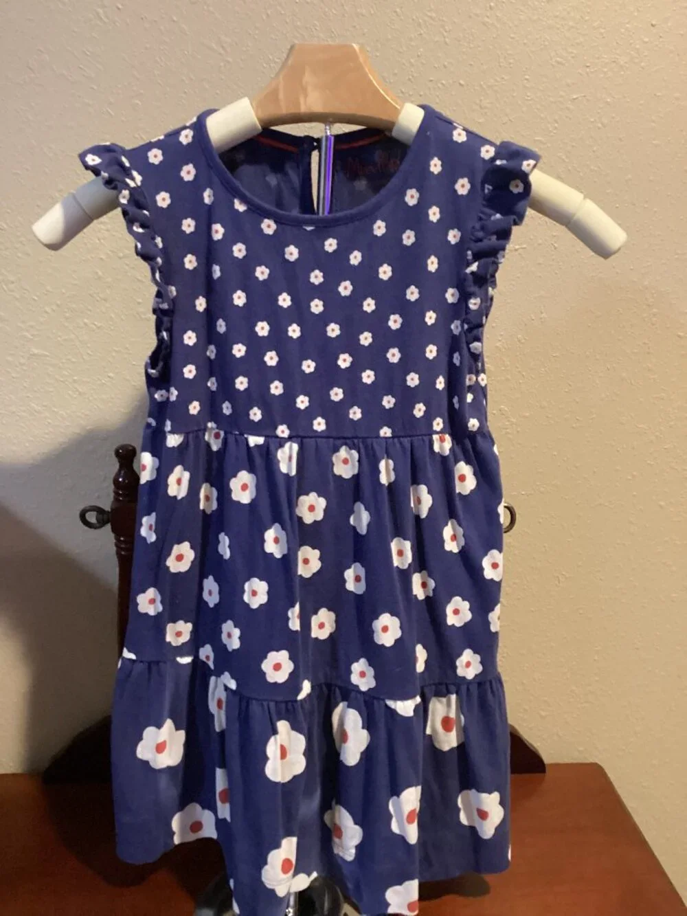 Girls Navy Blue Floral Tiered Sleeveless Dress with Ruffle Trim